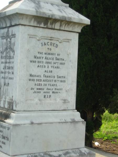 Kate Cecelia, wife of J.F. SMITH,  | died 13 Oct 1912 aged 53 years;  | Thomas Patrick SMITH, father,  | died 1 July 1936 aged 44 years;  | Susan, mother,  | died 6 Nov 1936 aged 42 years;  | Mary Alice SMITH,  | died 14 June 1887 aged 2 years;  | Michael Francis SMITH,  | died 15 Aug 1905 aged 28 years;  | Sacred Heart Catholic Church, Christmas Creek, Beaudesert Shire  | 