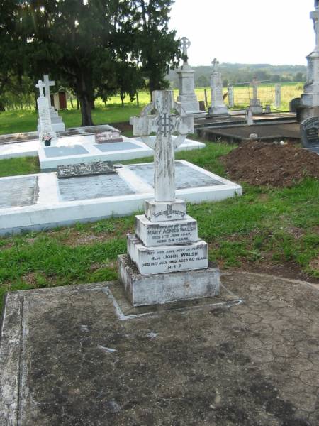 Mary Agnes WALSH, wife mother,  | died 7 June 1947 aged 54 years;  | John WALSH,  | died 19 July 1965 aged 80 years;  | Sacred Heart Catholic Church, Christmas Creek, Beaudesert Shire  | 