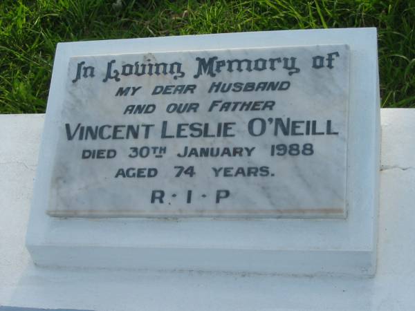 Vincent Leslie O'NEILL, husband father,  | died 30 Jan 1988 aged 74 years;  | Sacred Heart Catholic Church, Christmas Creek, Beaudesert Shire  | 