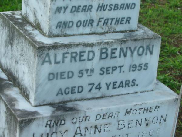 Alfred BENYON, husband father,  | died 5 Sept 1955 aged 74 years;  | Lucy Anne BENYON, mother,  | died 22 Sept 1968 aged 90 years;  | Sacred Heart Catholic Church, Christmas Creek, Beaudesert Shire  | 
