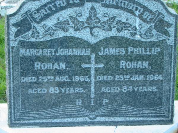 Margaret Johannah ROHAN,  | died 24 Aug 1965 aged 83 years;  | James Phillip ROHAN,  | died 23 Jan 1964 aged 84 years;  | Sacred Heart Catholic Church, Christmas Creek, Beaudesert Shire  | 