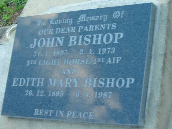 parents;  | John BISHOP,  | 31-1-1895 - 2-1-1973;  | Edith Mary BISHOP,  | 26-12-1895 - 6-4-1987;  | Sacred Heart Catholic Church, Christmas Creek, Beaudesert Shire  | 