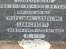 
Arnold Arthur LOBEGEIGER, husband father,
died 21-12-46 aged 59 years;
Wilhelmine Christine LOBEGEIGER, mother,
died 24-1-1979 aged 85 years;
Coleyville Cemetery, Boonah Shire
