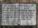 
Carl G. DICKFOS, father,
died 3 Jan 1937 aged 86 years;
Christine DICKFOS,
died 12 Jan 1942 aged 91 years;
Coleyville Cemetery, Boonah Shire
