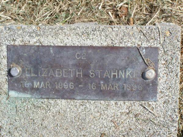 Elizabeth STAHNKE,  | 16 Mar 1896 - 16 Mar 1896;  | Coleyville Cemetery, Boonah Shire  | 