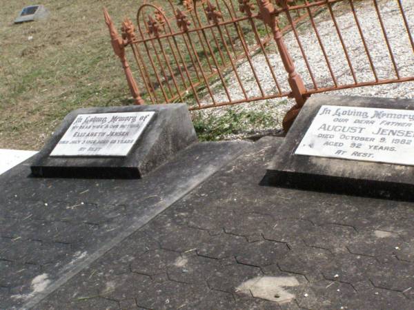 August JENSEN, father,  | died 9 Oct 1982 aged 92 years;  | Elizabeth JENSEN, wife mother,  | died 3 July 1066 aged 68 years;  | Coleyville Cemetery, Boonah Shire  | 