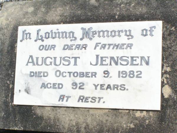 August JENSEN, father,  | died 9 Oct 1982 aged 92 years;  | Elizabeth JENSEN, wife mother,  | died 3 July 1066 aged 68 years;  | Coleyville Cemetery, Boonah Shire  | 