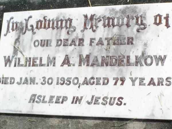 Wilhelm A. MANDELKOW, father,  | died 30 Jan 1950 aged 77 years;  | Coleyville Cemetery, Boonah Shire  | 