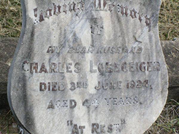 Charles LOBEGEIGER, husband,  | died 3 June 1924 aged 44 years;  | Coleyville Cemetery, Boonah Shire  | 