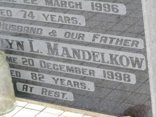 Pearl S. MANDELKOW, wife mother,  | died 22 March 1996 aged 74 years;  | Llewellyn L. MANDELKOW, husband father,  | died 20 Dec 1998 aged 82 years;  | Coleyville Cemetery, Boonah Shire  | 