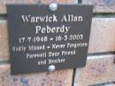 Warwick Allan PEBERDY, 17-7-1948 - 16-3-2003, brother; Coochiemudlo Island Pine Ridge Chapel collumbarium, Redland Shire 