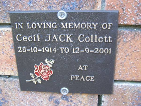 Cecil Jack COLLETT,  | 28-10-1914 - 12-9-2001;  | Coochiemudlo Island Pine Ridge Chapel collumbarium, Redland Shire  | 