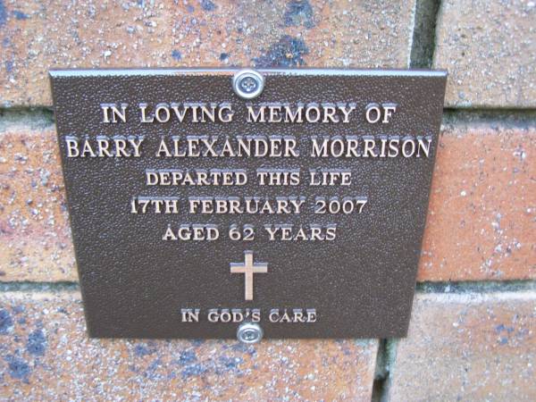 Barry Alexander MORRISON,  | died 17 Feb 2007 aged 62 years;  | Coochiemudlo Island Pine Ridge Chapel collumbarium, Redland Shire  | 