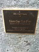 
Lian Gee Yet Foy
b: 18 Mar 1887
d: 28 Oct 1887

erected by the descendants of Yip Hoy and Ah How

Cooktown Cemetery

