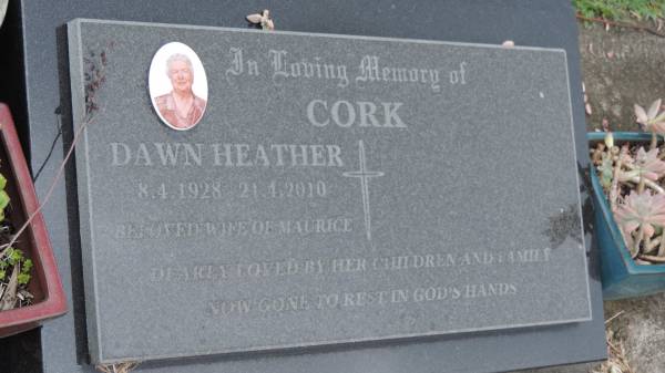 Dawn Heather CORK  | b: 8 Apr 1928  | d: 21 Apr 2010  | wife of Maurice (CORK)  |   | Cooloola Coast Cemetery  |   | 