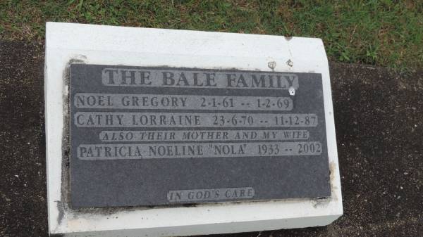 Noel Gregory BALE  | b: 2 Jan 1961  | d: 1 Feb 1969  |   | Cathy Lorraine BALE  | b: 23 Jun 1970  | d: 11 Dec 1987  |   | their morther and my wife  | Patricia Noeline (Nola) BALE  | b: 1933  | d: 2002  |   | Cooloola Coast Cemetery  |   | 