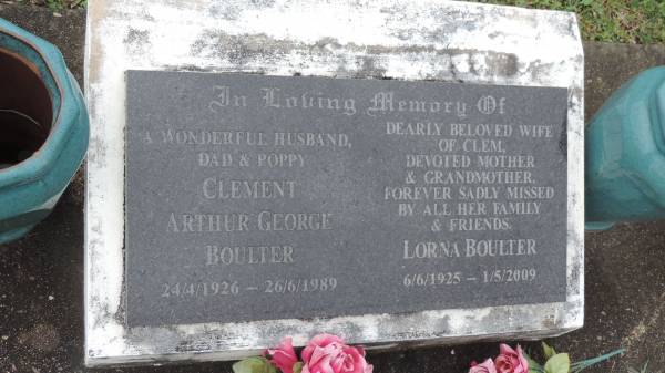 Clement Arthur George BOULTER  | b: 24 Apr 1926  | d: 26 Jun 1989  | Lorna BOULTER  | b: 6 Jun 1925  | d: 1 May 2009  | wife of Clem  |   | Cooloola Coast Cemetery  |   | 