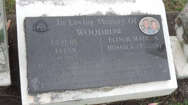 Claude Allan WOODROW  | b: 25 Jun 1914  | d: 31 Dec 1998  |   | Elinor Matilda Hossack WOODROW (Wilcox)  | b: 27 May 1916  | d: 24 Aug 2001  |   | Cooloola Coast Cemetery  |   | 