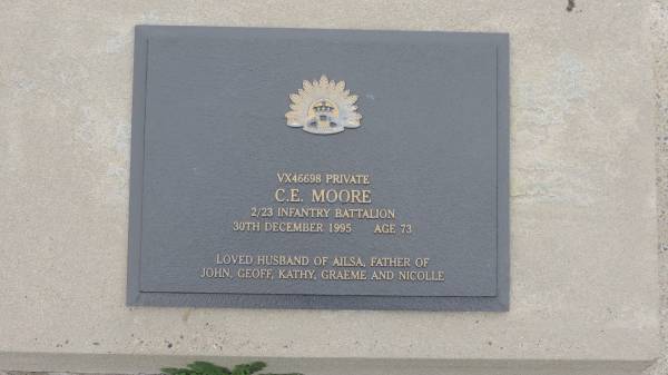 C E MOORE  | d: 30 Dec 1995 aged 73  | husband of Ailsa  | father of  | John, Geoff, Kathy, Graeme, Nicolle  |   | Cooloola Coast Cemetery  |   | 