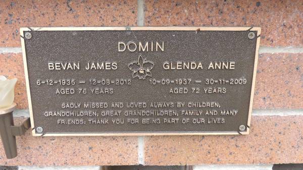 Bevan James DOMIN  | b: 6 Dec 1935  | d: 12 Aug 2012 aged 76  |   | Glenda Anne DOMIN  | b: 10 Sep 1937  | d: 30 Nov 2009 aged 72  |   | Cooloola Coast Cemetery  |   | 