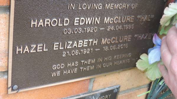 Harold Edwin McCLURE  Hal   | b: 3 Mar 1920  | d: 24 Apr 1995  |   | Hazel Elizabeth McCLURE  Haze   | b: 21 Jun 1921  | d: 18 Jun 2015  |   | Cooloola Coast Cemetery  |   | 