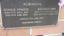 
Donald Francis ROBINSON
b: 27 Apr 1934
d: 14 Jun 2004

Maureen Ann ROBINSON
b: 5 Feb 1938
d: 26 Sep 2010

married 6 Jun 1959

Cooloola Coast Cemetery

