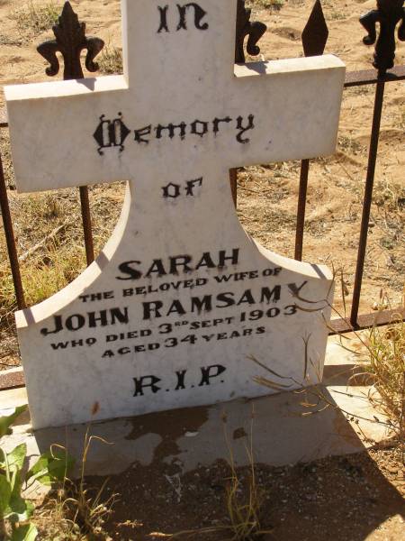 Sarah RAMSAMY  | (wife of John RAMSAMY)  | d: 3 sep 1903, aged 34  |   | Cossack (European and Japanese cemetery), WA  | 