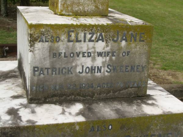 Patrick John SWEENEY,  | born 15 March 1866,  | died 5 Aug 1916 aged 50 years;  | George C. SWEENEY,  | son of Patrick,  | killed Bullecourt 5 April 1917 aged 19 years;  | Eliza Jane,  | wife of Patrick John SWEENEY,  | died 22 Nov 1934 aged 70 years;  | Henry James SWEENEY,  | died 29 April 1923;  | Coulson General Cemetery, Scenic Rim Region  | 