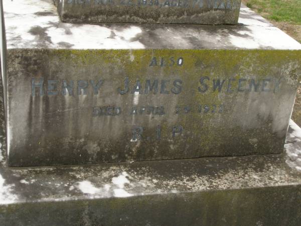 Patrick John SWEENEY,  | born 15 March 1866,  | died 5 Aug 1916 aged 50 years;  | George C. SWEENEY,  | son of Patrick,  | killed Bullecourt 5 April 1917 aged 19 years;  | Eliza Jane,  | wife of Patrick John SWEENEY,  | died 22 Nov 1934 aged 70 years;  | Henry James SWEENEY,  | died 29 April 1923;  | Coulson General Cemetery, Scenic Rim Region  | 