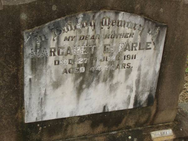 Margaret E. FARLEY,  | died 27 June 1911 aged 44 years;  | Coulson General Cemetery, Scenic Rim Region  | 