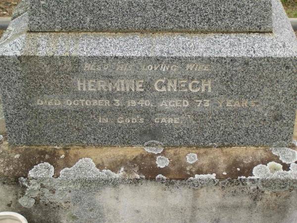 Rudolph GNECH,  | died 23 July 1917 aged 59 years;  | Hermine GNECH,  | wife,  | died 3 Oct 1940 aged 73 years;  | Coulson General Cemetery, Scenic Rim Region  | 