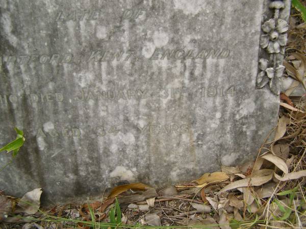 Albert Edward WEST,  | late of Dartford Kent England,  | died 31 Jan 1914 aged 34 years;  | Coulson General Cemetery, Scenic Rim Region  | 