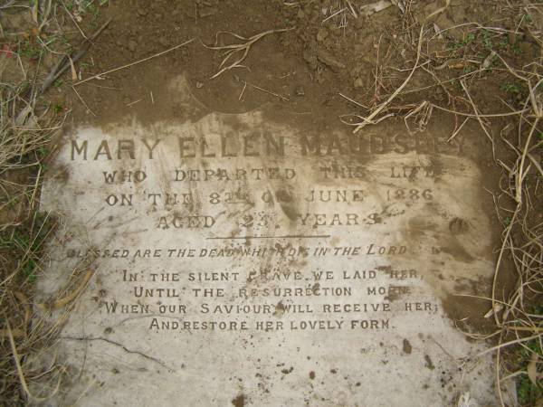 Mary Ellen MAUDSLEY,  | died 8 June 1886 aged 25 years;  | Coulson General Cemetery, Scenic Rim Region  | 