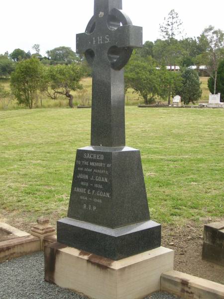 John G. GOAN,  | 1853 - 1936;  | Annie E.F. GOAN,  | 1864 - 1940;  | parents;  | Coulson General Cemetery, Scenic Rim Region  | 