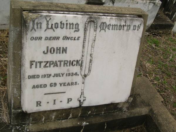 John FITZPATRICK,  | uncle,  | died 19 July 1934 aged 69 years;  | Coulson General Cemetery, Scenic Rim Region  | 