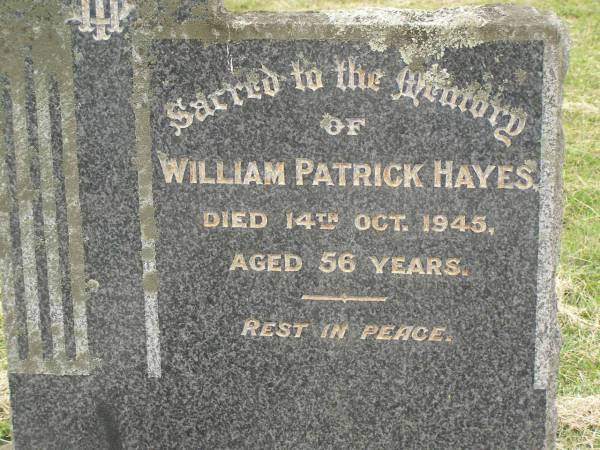 William Patrick HAYES,  | died 14 Oct 1945 aged 56 years;  | Coulson General Cemetery, Scenic Rim Region  | 