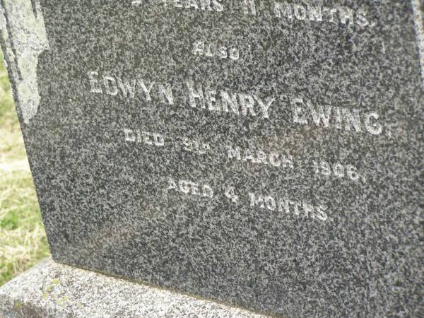 Cyril EWING,  | died 21 Sept 1902 aged 2 years 11 months;  | Edwyn Henry EWING,  | died 9 March 1906 aged 4 months;  | Coulson General Cemetery, Scenic Rim Region  | 