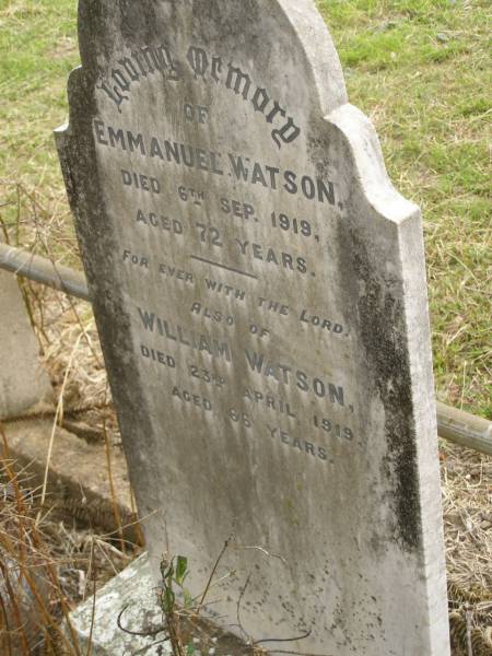 Emmanuel WATSON,  | died 6 Sept 1919 aged 72 years;  | William WATSON,  | died 23 April 1919 aged 66 years;  | Coulson General Cemetery, Scenic Rim Region  | 
