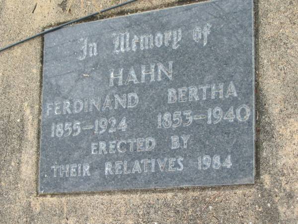 Ferdinand HAHN,  | 1855 - 1924;  | Bertha HAHN,  | 1853 - 1940;  | Coulson General Cemetery, Scenic Rim Region  | 