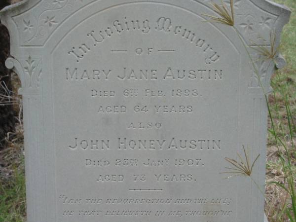 Mary Jane AUSTIN,  | died 6 Feb 1893 aged 64 years;  | John Honey AUSTIN,  | died 23 Jan 1907 aged 73 years;  | Coulson General Cemetery, Scenic Rim Region  | 