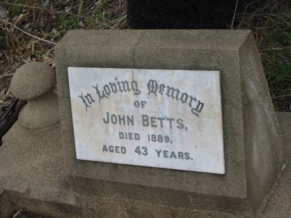 John BETTS,  | died 1889 aged 43 years;  | Coulson General Cemetery, Scenic Rim Region  | 