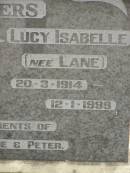 
William Leslie John WATERS,
7-6-1918 - 12-9-1993;
Lucy Isabelle WATERS (nee LANE),
20-3-1914 - 12-1-1999;
parents of Marcia, Irene & Peter;
Coulson General Cemetery, Scenic Rim Region
