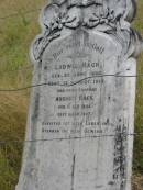 Ludwig RACK, born 23 June 1838, died 10 Aug 1913; Auguste RACK, wife, born 15 Sep 1846, died 3 Feb 1927; Coulson General Cemetery, Scenic Rim Region 