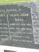 Errol Percy TAEGE, born 4 Aug 1940, died 5 Aug 1941, missed by father & brother Percy & Desmond; Lilian Jean TAEGE, born 5 Jan 1921, died 30 Sept 1940, missed by husband & son Percy & Desmond; Percy TAEGE, husband father, 13-2-1914 - 8-2-1993; Coulson General Cemetery, Scenic Rim Region 