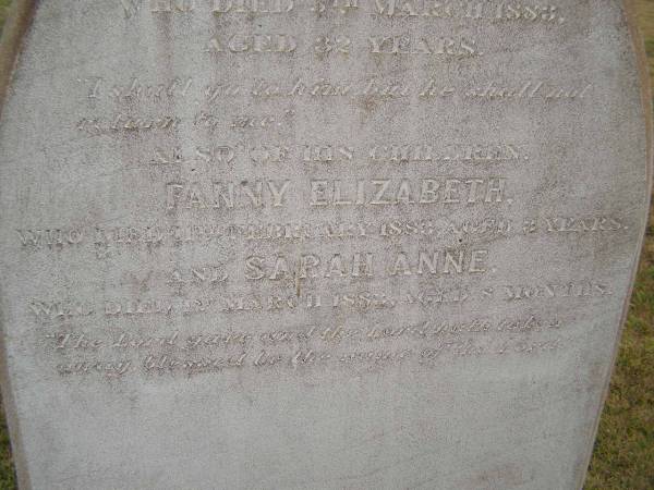 William TAYLOR,  | died 5 March 1883 aged 32 years;  | Fanny Elizabeth,  | child,  | died 11 Feb 1883 aged 3 years;  | Sarah Anne,  | child,  | died 1 Mar 1883 aged 8 months;  | Cressbrook Homestead, Somerset Region  | 