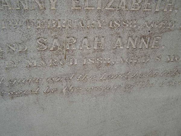 William TAYLOR,  | died 5 March 1883 aged 32 years;  | Fanny Elizabeth,  | child,  | died 11 Feb 1883 aged 3 years;  | Sarah Anne,  | child,  | died 1 Mar 1883 aged 8 months;  | Cressbrook Homestead, Somerset Region  | 