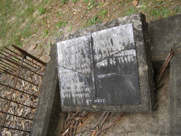 Elizabeth BROWNE  | d: 11 May 1958 aged 90  |   | George Henry BROWNE  | d: 11 Mar 1960 aged 92  |   | daughter  | Eva BROWNE  | d: 23 May 1897 aged 18 mo  |   | Diddillibah Cemetery, Maroochy Shire  |   | 