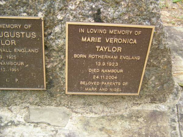 Brian Augustus TAYLOR  | b: 15 Sep 1925 Cornwall, England  | d: 20 Dec 1991 Nambour  |   | Marie Veronica TAYLOR  | b: 13 Sep 1923 Rotherham England  | d: 24 Nov 2004 Nambour  |   | Parents of Mark and Nigel  |   | Diddillibah Cemetery, Maroochy Shire  |   | 