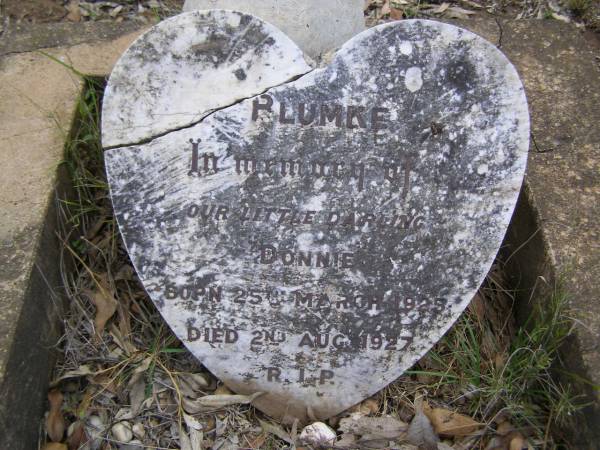 Donnie BLUMKE,  | born 25 March 1925 died 2 Aug 1927;  | Douglas Catholic cemetery, Crows Nest Shire  | 