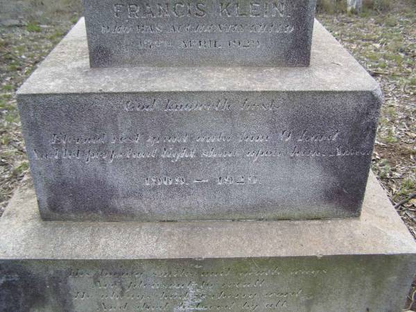 Leonard Francis KLEIN,  | 1909 - 1929,  | accidentally killed 12 April 1929;  | Douglas Catholic cemetery, Crows Nest Shire  | 